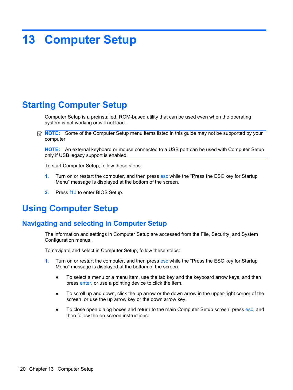 Computer setup, Starting computer setup, Using computer setup | Navigating and selecting in computer setup, 13 computer setup, Starting computer setup using computer setup | HP 421 Notebook-PC User Manual | Page 132 / 157