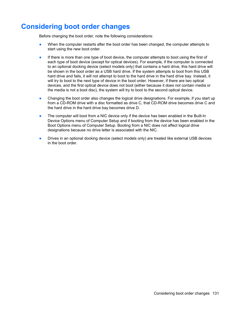 Considering boot order changes | HP 421 Notebook-PC User Manual | Page 143 / 157