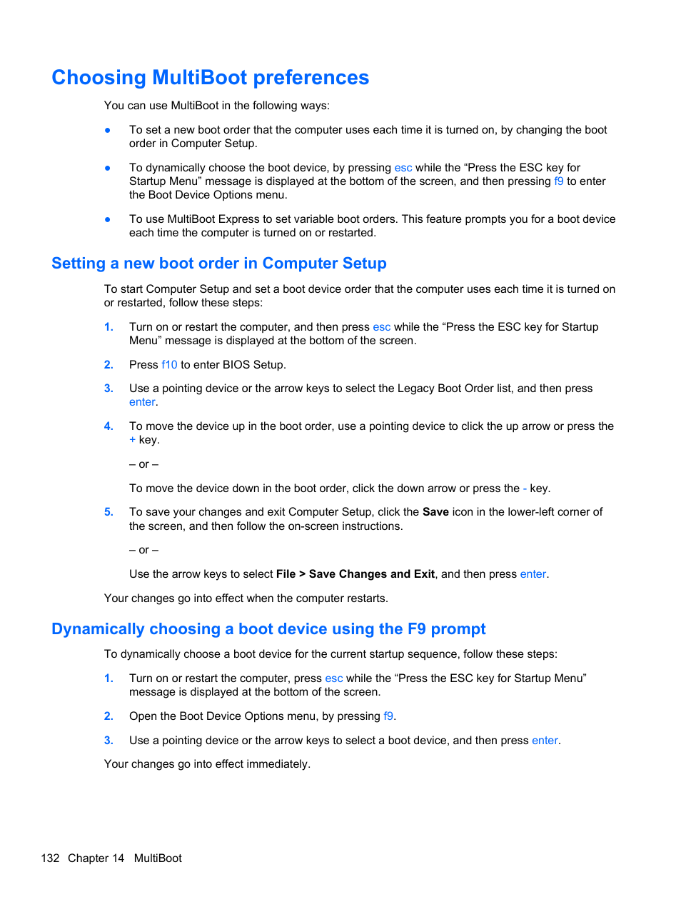 Choosing multiboot preferences, Setting a new boot order in computer setup | HP 421 Notebook-PC User Manual | Page 144 / 157