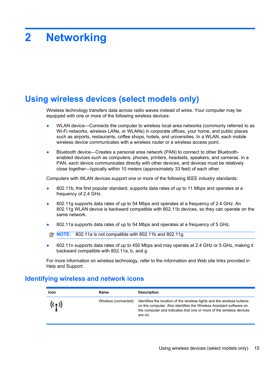 Networking, Using wireless devices (select models only), Identifying wireless and network icons | 2 networking, 2networking | HP 421 Notebook-PC User Manual | Page 27 / 157