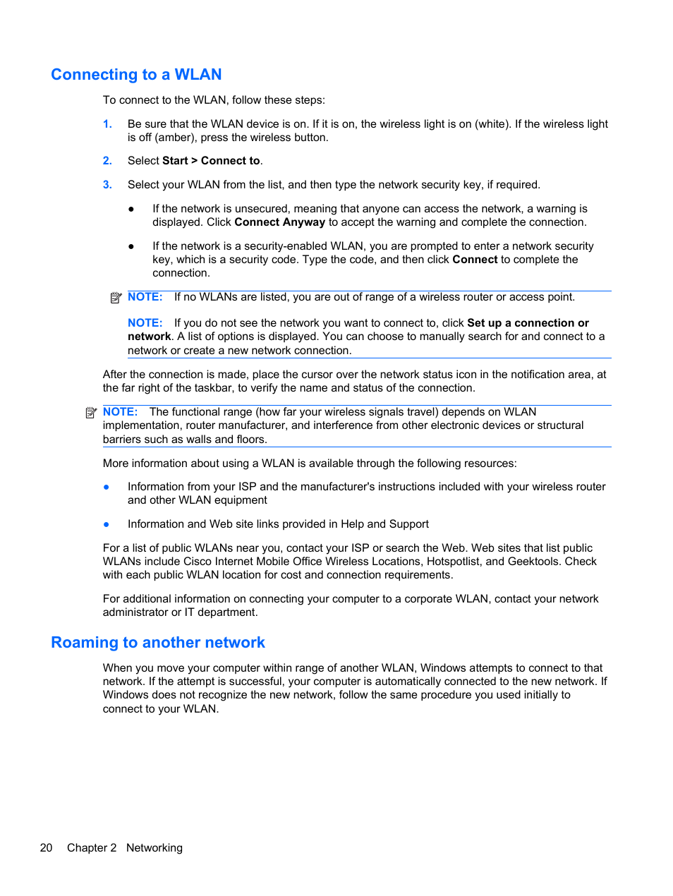 Connecting to a wlan, Roaming to another network, Connecting to a wlan roaming to another network | HP 421 Notebook-PC User Manual | Page 32 / 157