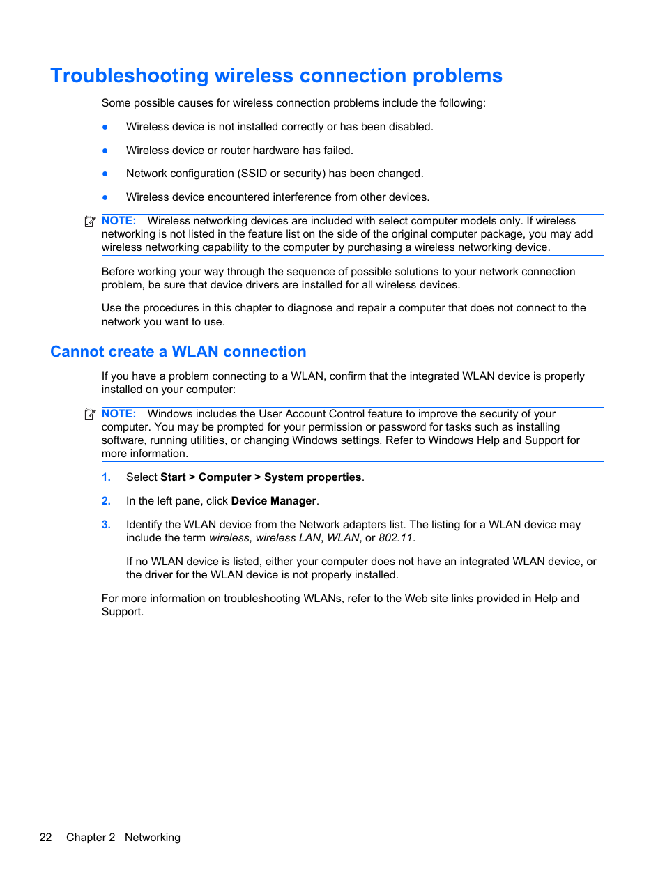 Troubleshooting wireless connection problems, Cannot create a wlan connection | HP 421 Notebook-PC User Manual | Page 34 / 157