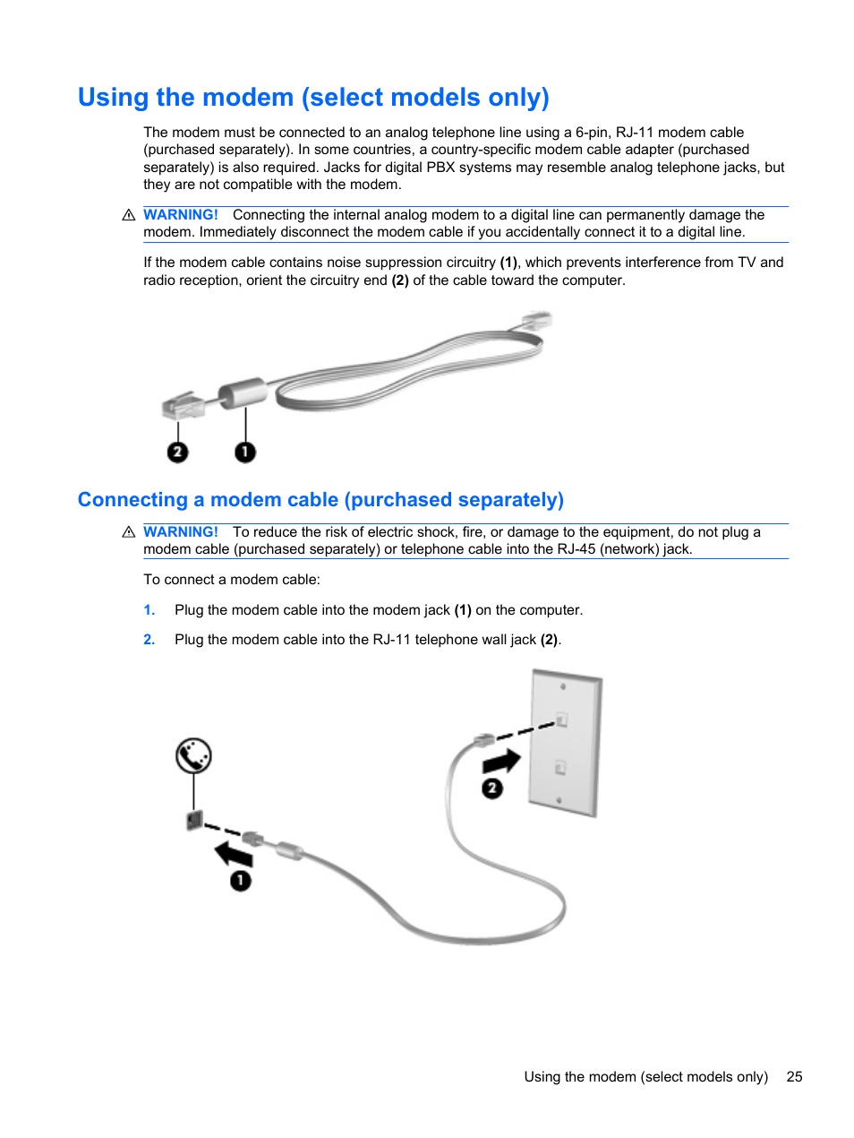 Using the modem (select models only), Connecting a modem cable (purchased separately) | HP 421 Notebook-PC User Manual | Page 37 / 157