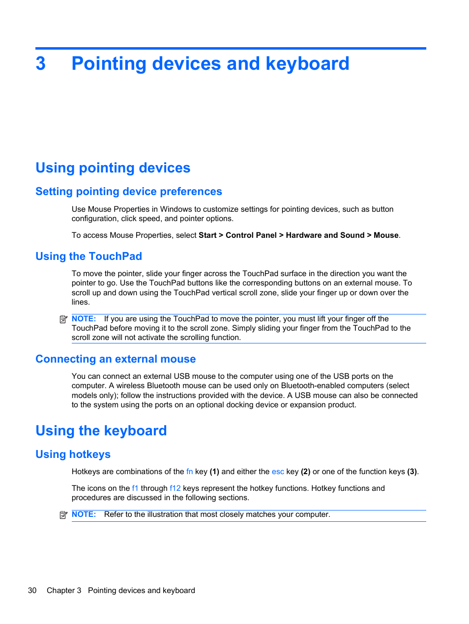 Pointing devices and keyboard, Using pointing devices, Setting pointing device preferences | Using the touchpad, Connecting an external mouse, Using the keyboard, Using hotkeys, 3 pointing devices and keyboard, 3pointing devices and keyboard | HP 421 Notebook-PC User Manual | Page 42 / 157