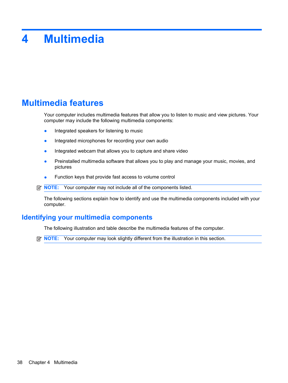 Multimedia, Multimedia features, Identifying your multimedia components | 4 multimedia, 4multimedia | HP 421 Notebook-PC User Manual | Page 50 / 157