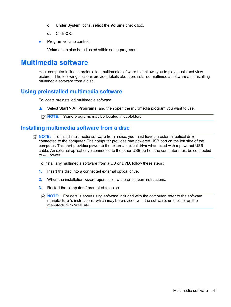 Multimedia software, Using preinstalled multimedia software, Installing multimedia software from a disc | HP 421 Notebook-PC User Manual | Page 53 / 157