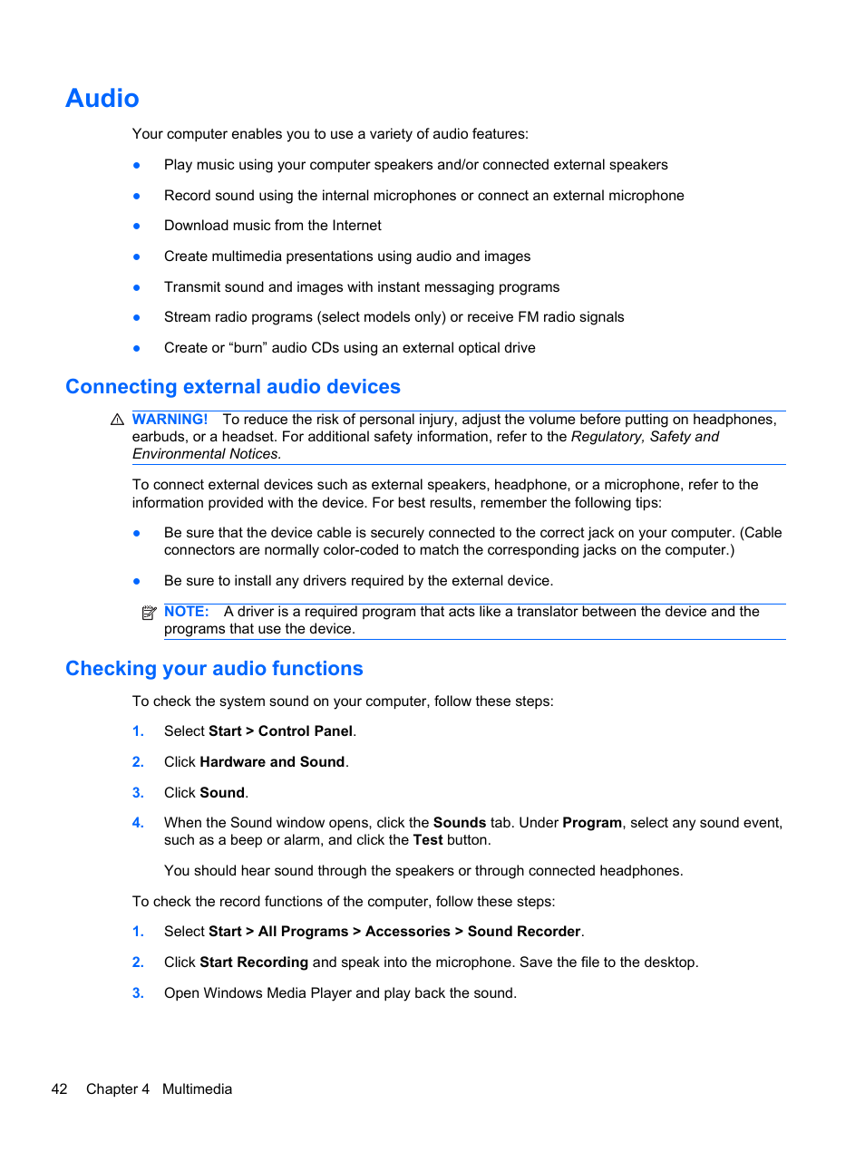 Audio, Connecting external audio devices, Checking your audio functions | HP 421 Notebook-PC User Manual | Page 54 / 157