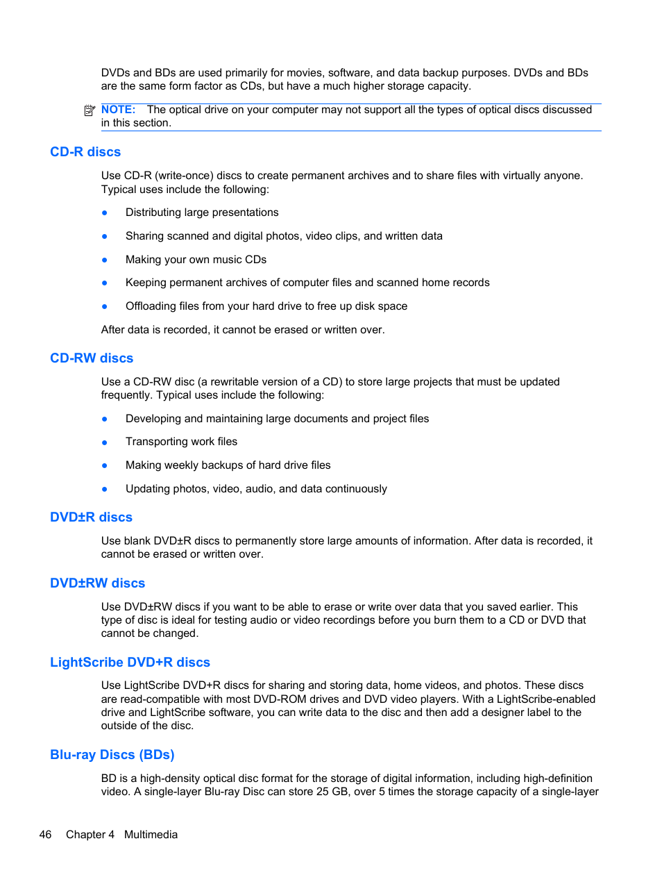 Cd-r discs, Cd-rw discs, Dvd±r discs | Dvd±rw discs, Lightscribe dvd+r discs, Blu-ray discs (bds) | HP 421 Notebook-PC User Manual | Page 58 / 157