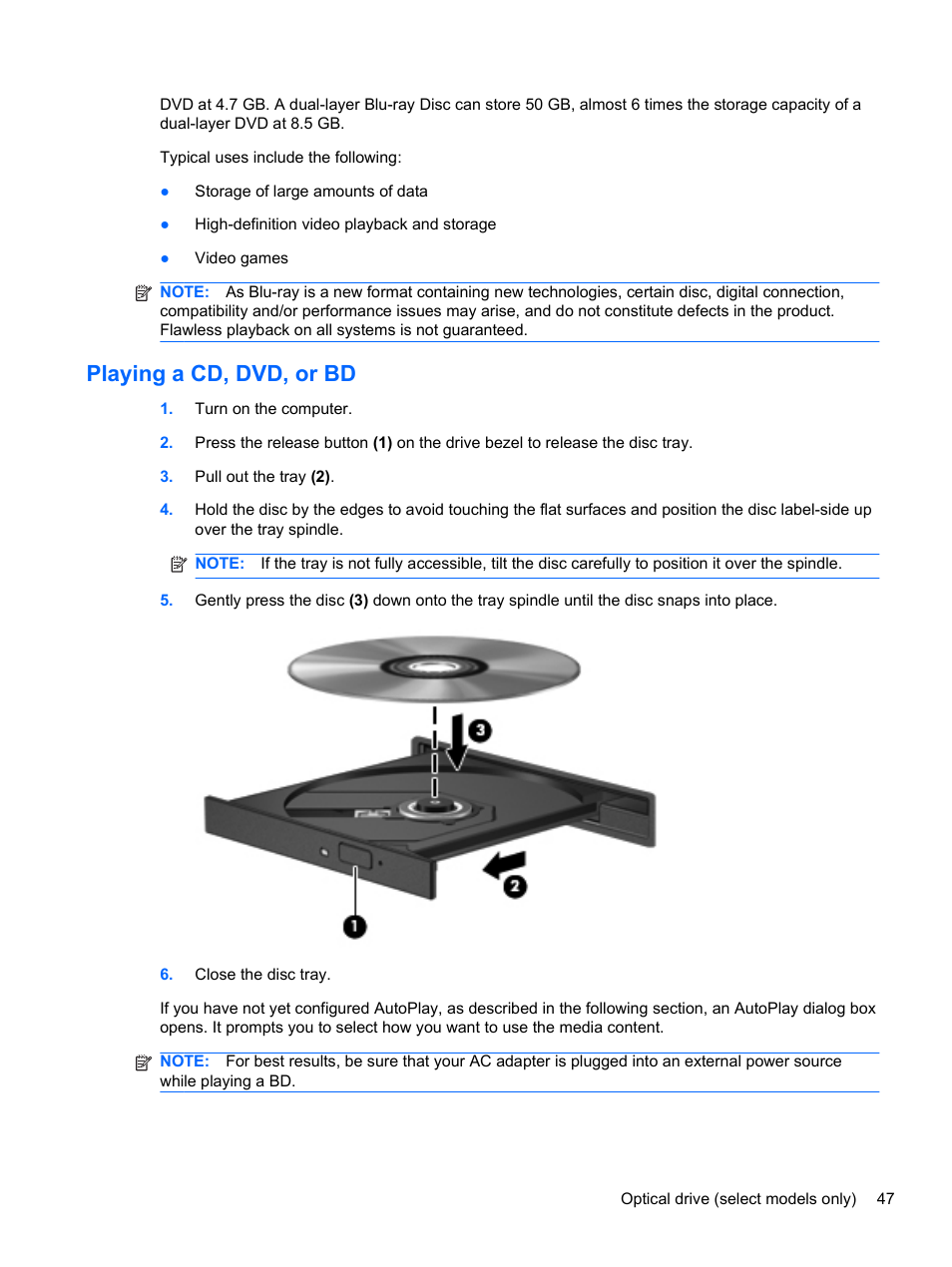 Playing a cd, dvd, or bd | HP 421 Notebook-PC User Manual | Page 59 / 157