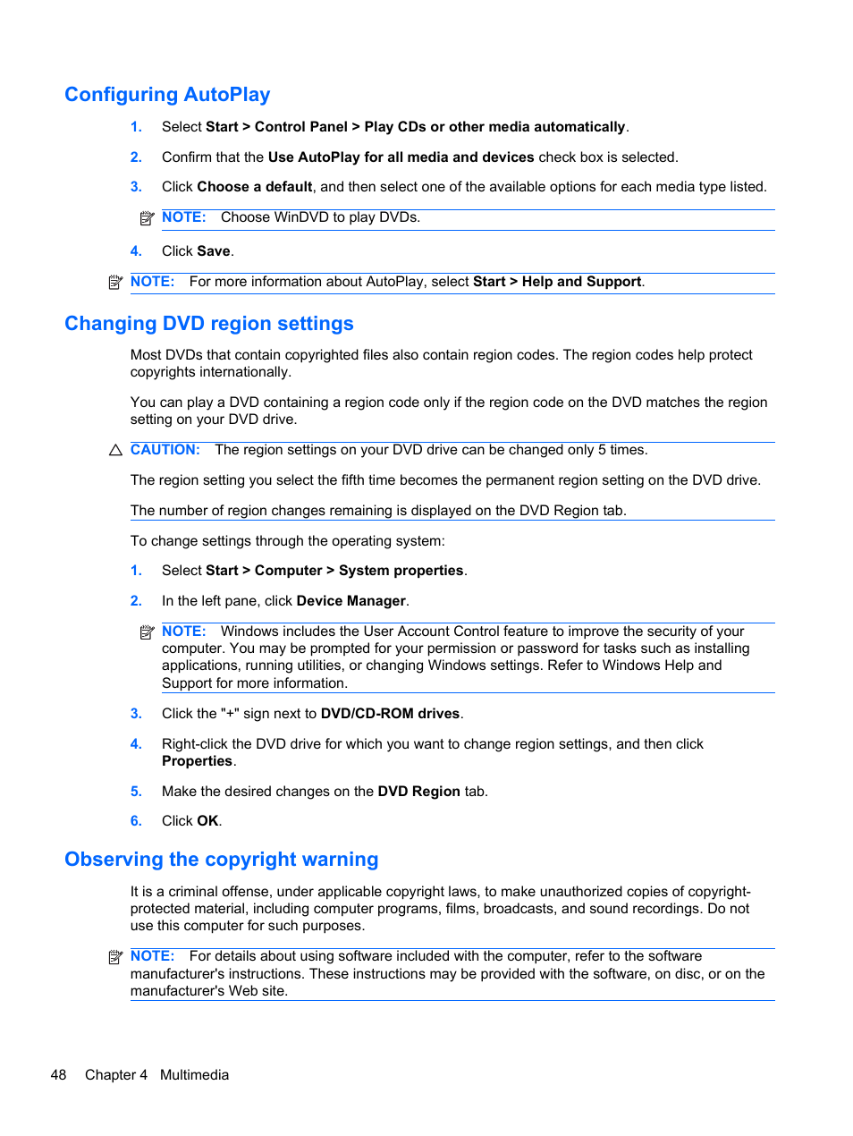 Configuring autoplay, Changing dvd region settings, Observing the copyright warning | HP 421 Notebook-PC User Manual | Page 60 / 157