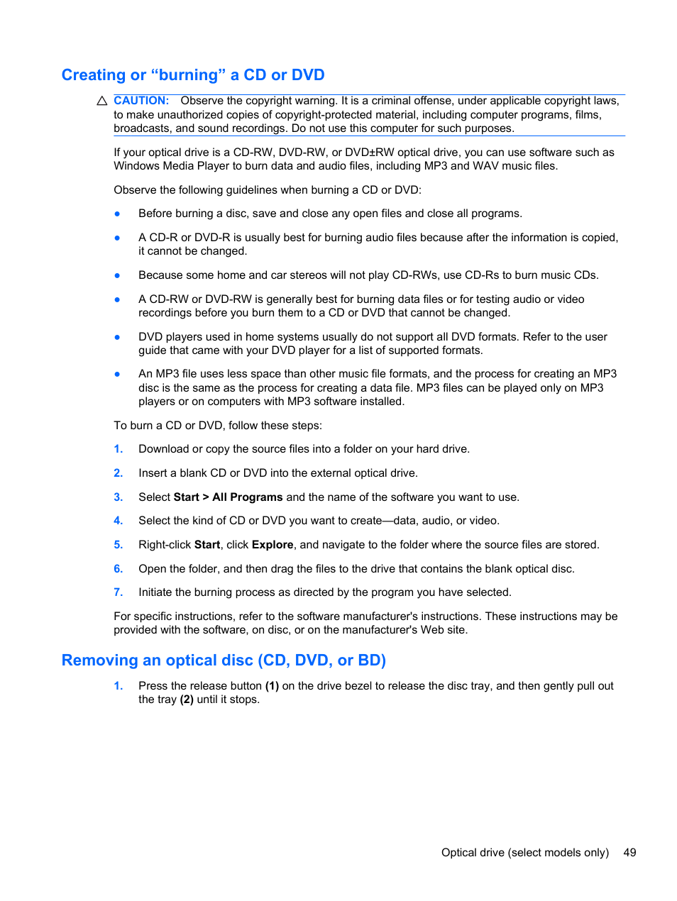 Creating or “burning” a cd or dvd, Removing an optical disc (cd, dvd, or bd) | HP 421 Notebook-PC User Manual | Page 61 / 157