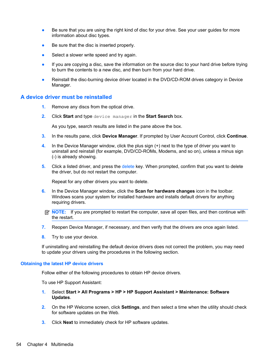 A device driver must be reinstalled, Obtaining the latest hp device drivers | HP 421 Notebook-PC User Manual | Page 66 / 157
