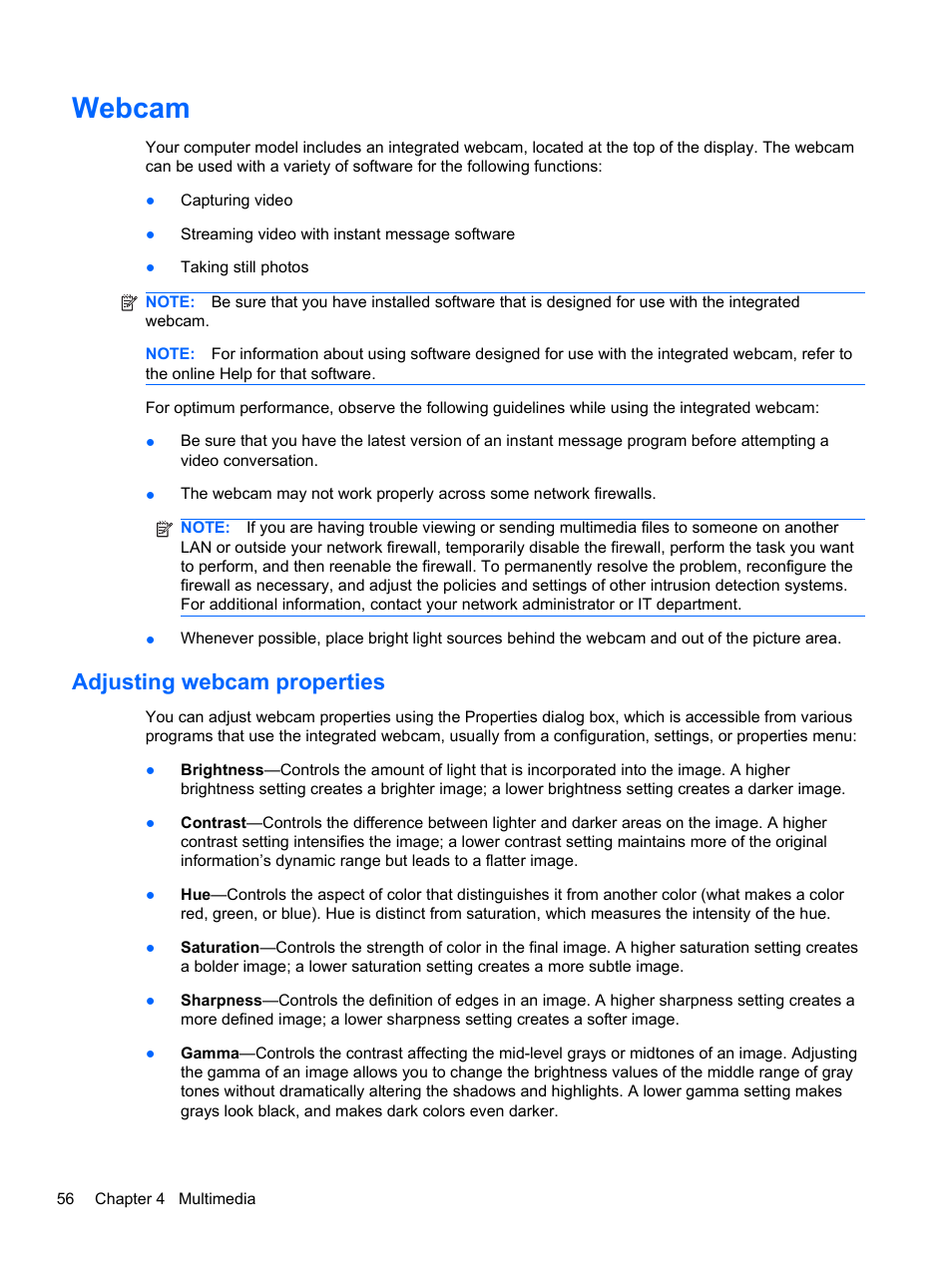 Webcam, Adjusting webcam properties | HP 421 Notebook-PC User Manual | Page 68 / 157