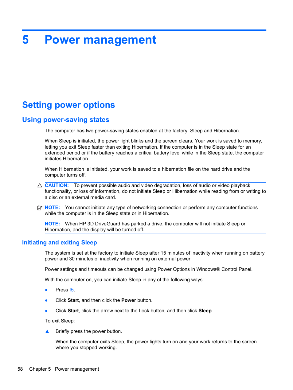 Power management, Setting power options, Using power-saving states | Initiating and exiting sleep, 5 power management, 5power management | HP 421 Notebook-PC User Manual | Page 70 / 157