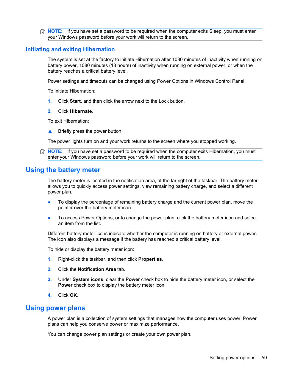 Initiating and exiting hibernation, Using the battery meter, Using power plans | Using the battery meter using power plans | HP 421 Notebook-PC User Manual | Page 71 / 157
