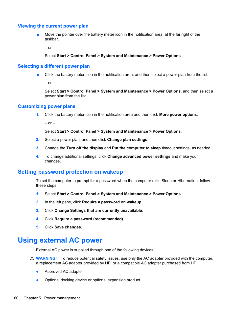 Viewing the current power plan, Selecting a different power plan, Customizing power plans | Setting password protection on wakeup, Using external ac power | HP 421 Notebook-PC User Manual | Page 72 / 157