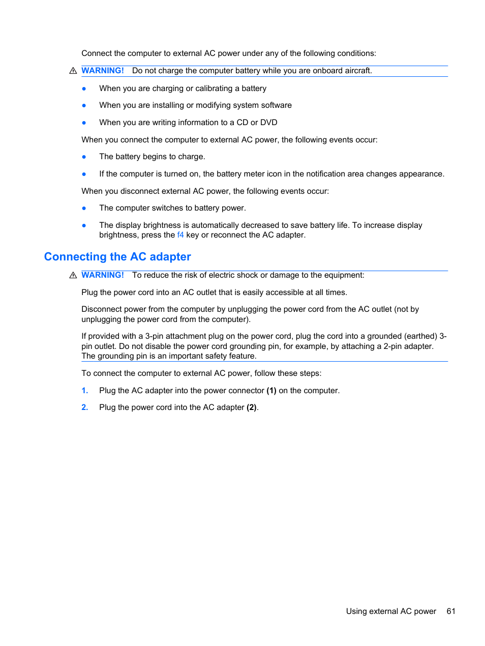 Connecting the ac adapter | HP 421 Notebook-PC User Manual | Page 73 / 157