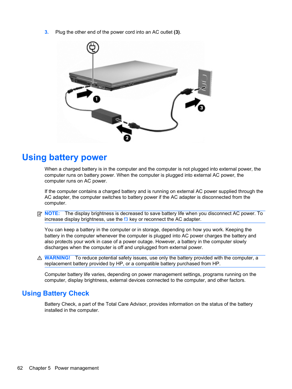 Using battery power, Using battery check | HP 421 Notebook-PC User Manual | Page 74 / 157