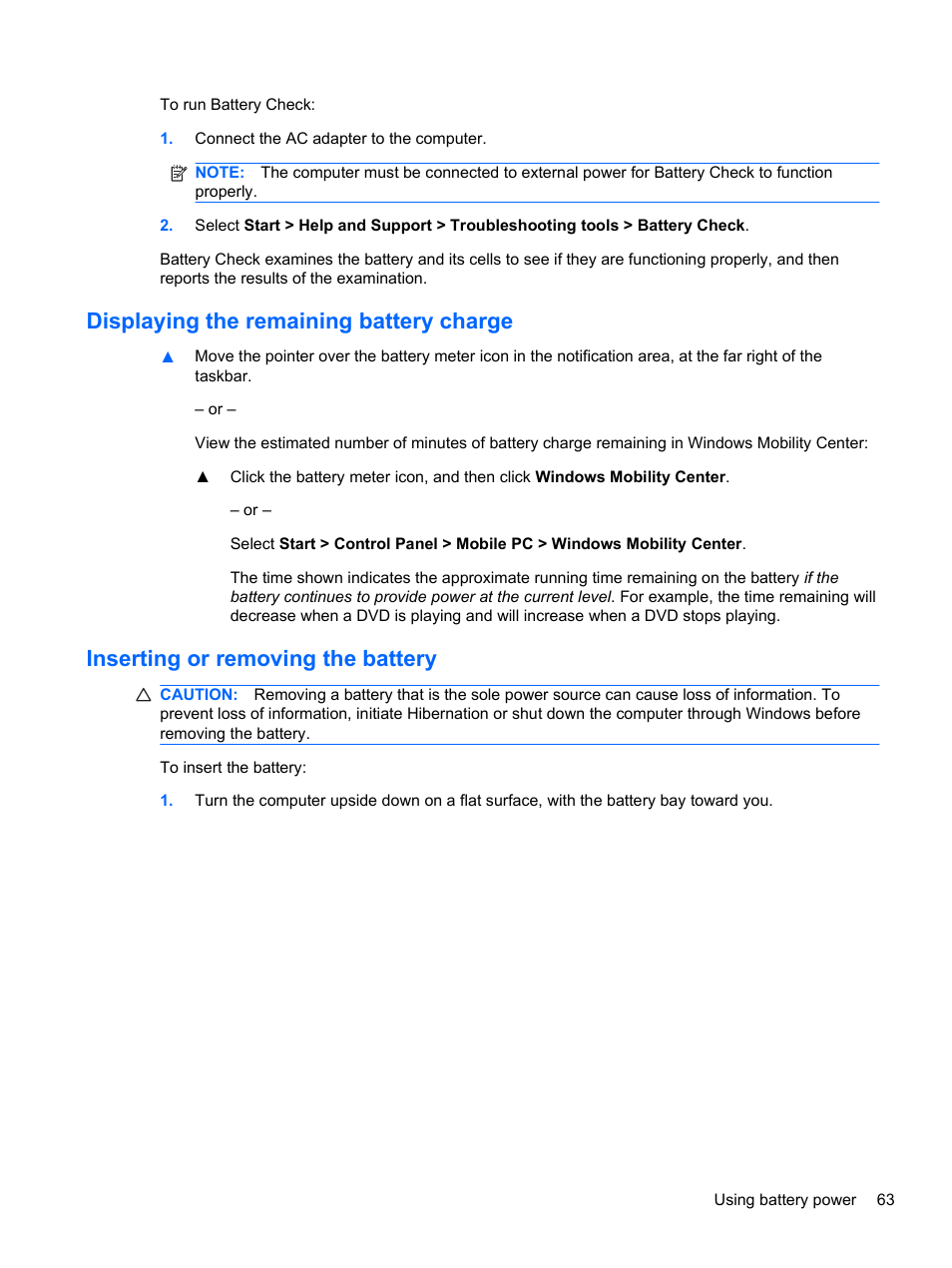 Displaying the remaining battery charge, Inserting or removing the battery | HP 421 Notebook-PC User Manual | Page 75 / 157