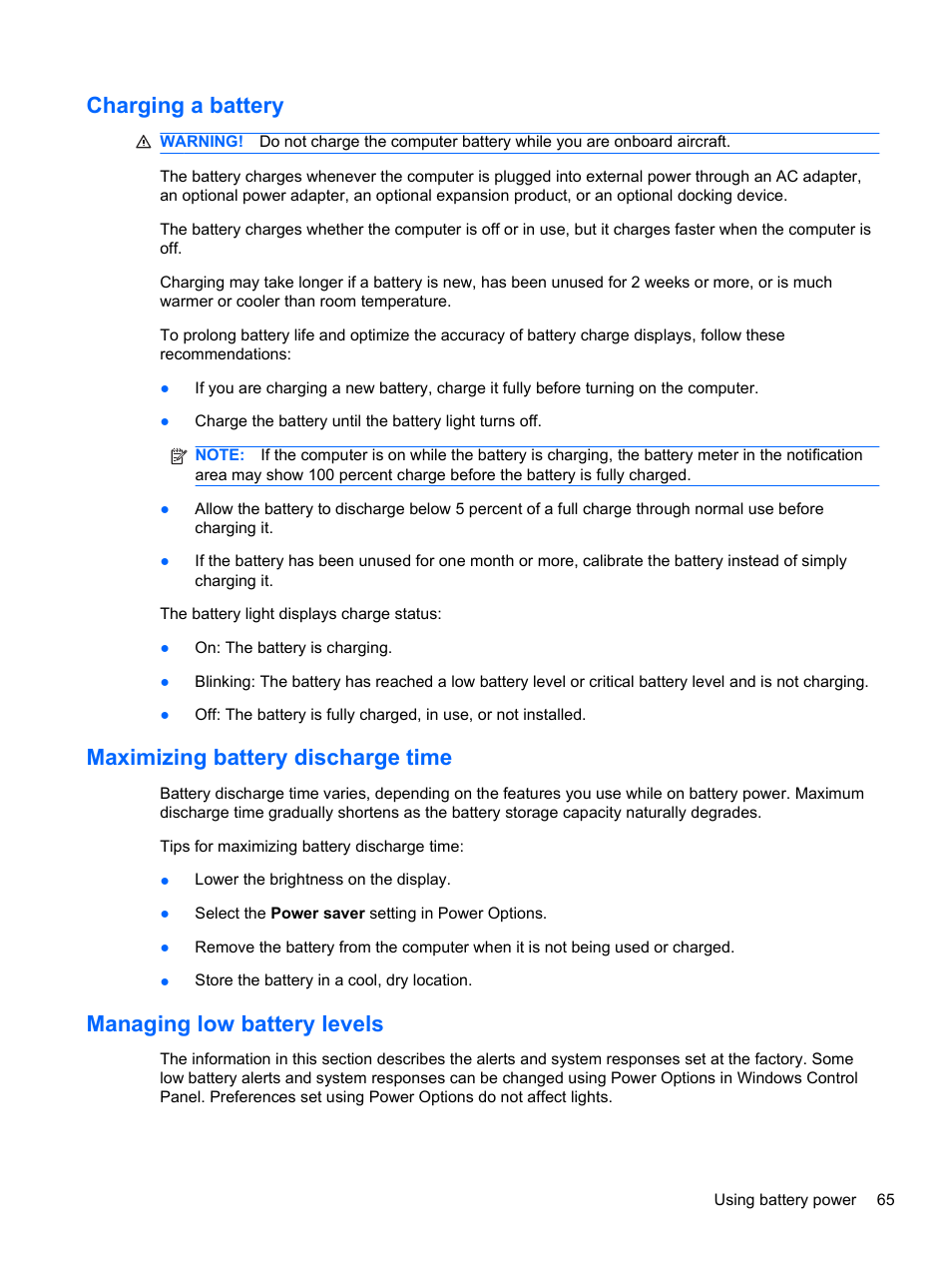 Charging a battery, Maximizing battery discharge time, Managing low battery levels | HP 421 Notebook-PC User Manual | Page 77 / 157