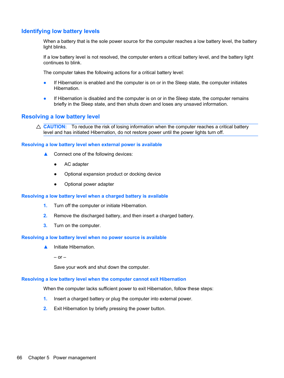 Identifying low battery levels, Resolving a low battery level | HP 421 Notebook-PC User Manual | Page 78 / 157