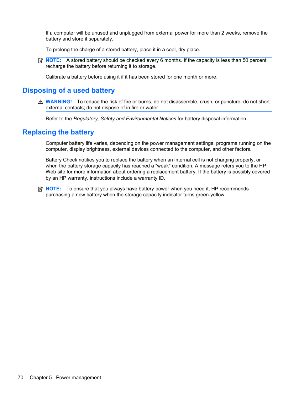 Disposing of a used battery, Replacing the battery, Disposing of a used battery replacing the battery | HP 421 Notebook-PC User Manual | Page 82 / 157