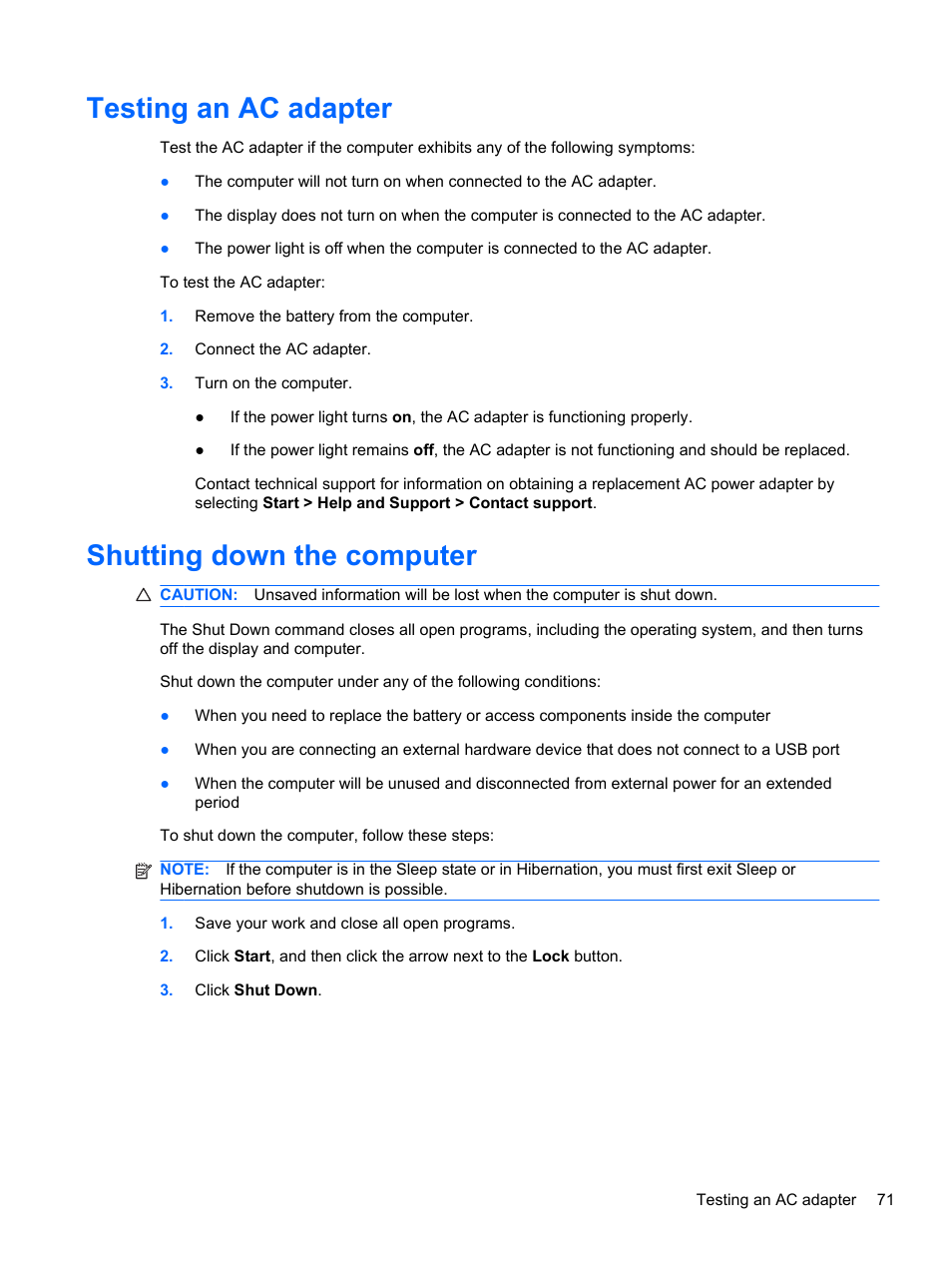 Testing an ac adapter, Shutting down the computer, Testing an ac adapter shutting down the computer | HP 421 Notebook-PC User Manual | Page 83 / 157