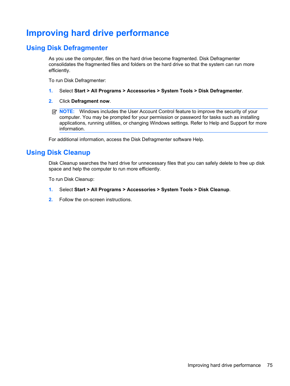 Improving hard drive performance, Using disk defragmenter, Using disk cleanup | Using disk defragmenter using disk cleanup | HP 421 Notebook-PC User Manual | Page 87 / 157