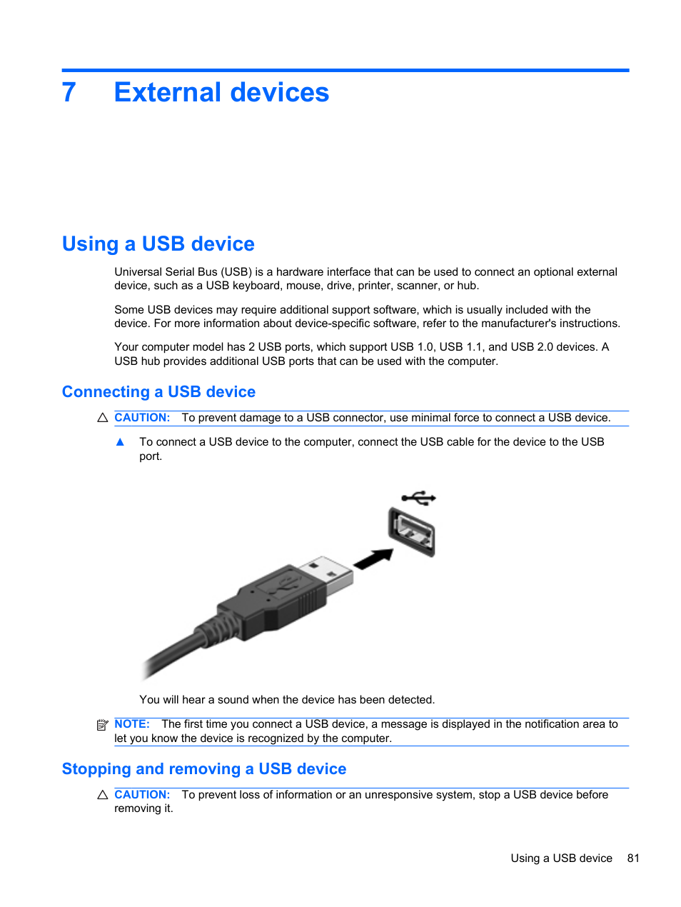 External devices, Using a usb device, Connecting a usb device | Stopping and removing a usb device, 7 external devices, 7external devices | HP 421 Notebook-PC User Manual | Page 93 / 157