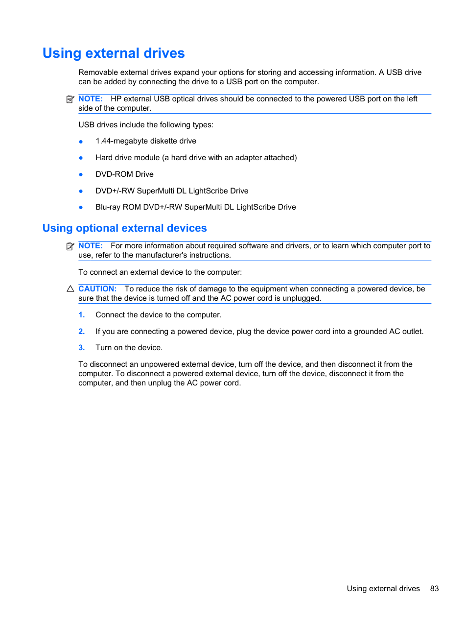 Using external drives, Using optional external devices | HP 421 Notebook-PC User Manual | Page 95 / 157