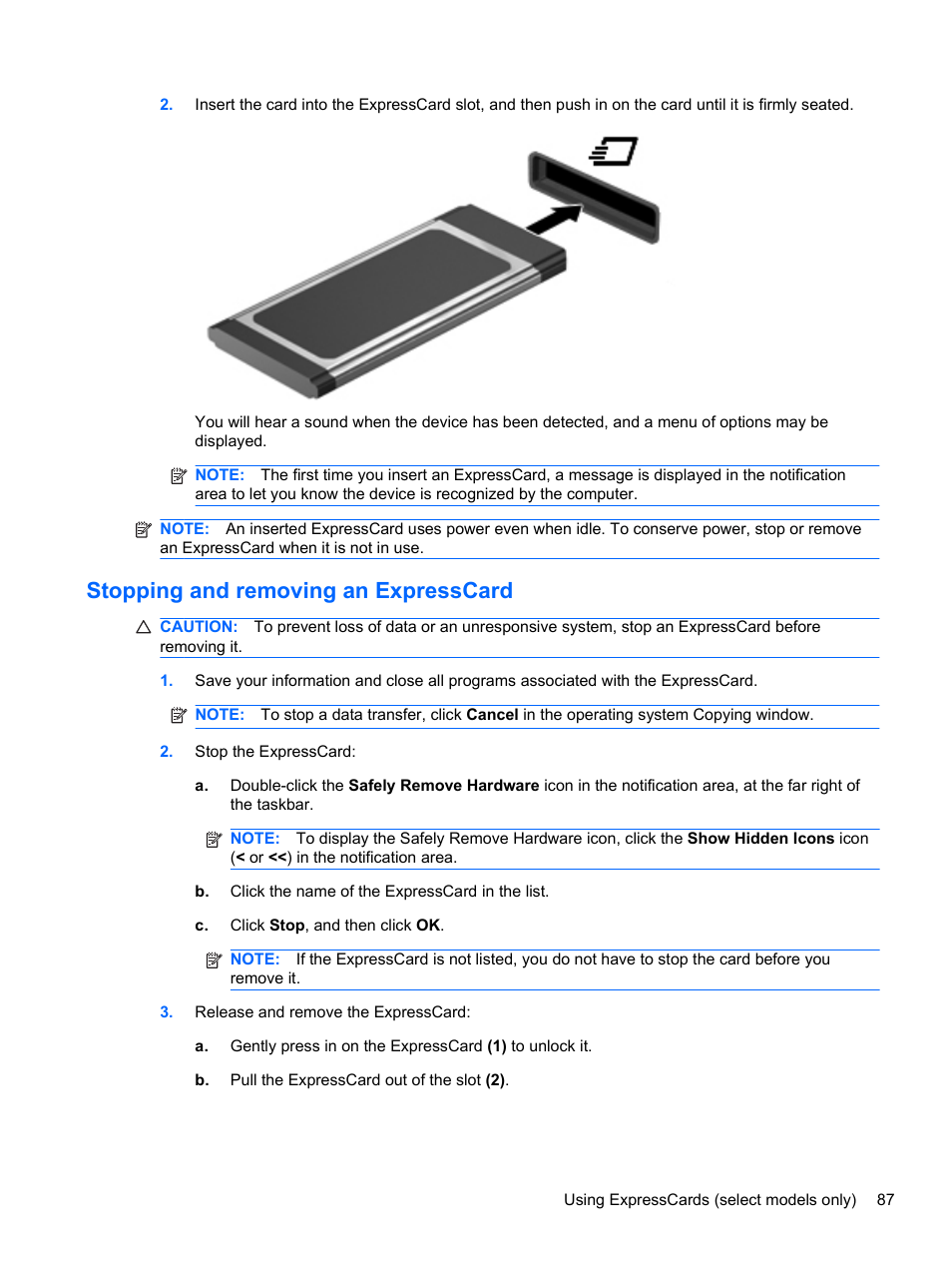 Stopping and removing an expresscard | HP 421 Notebook-PC User Manual | Page 99 / 157