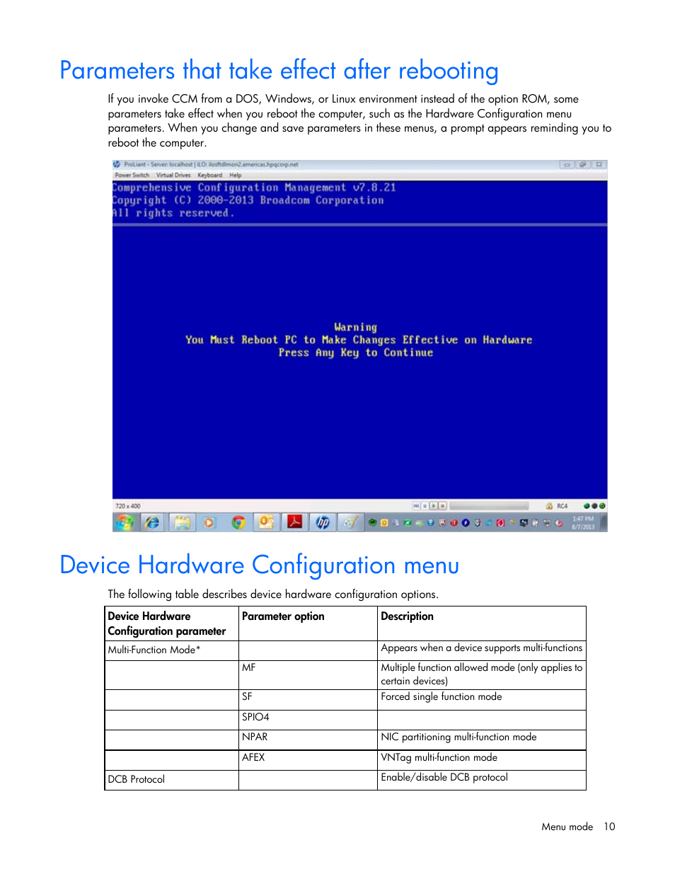 Parameters that take effect after rebooting, Device hardware configuration menu | HP Ethernet 10Gb 2-port 530T Adapter User Manual | Page 10 / 43