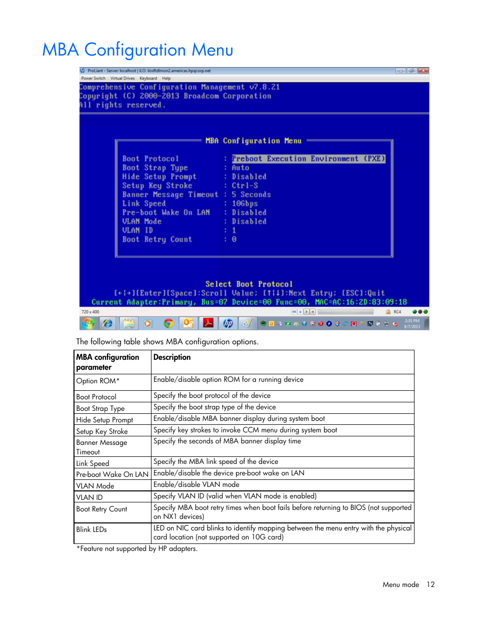 Mba configuration menu | HP Ethernet 10Gb 2-port 530T Adapter User Manual | Page 12 / 43