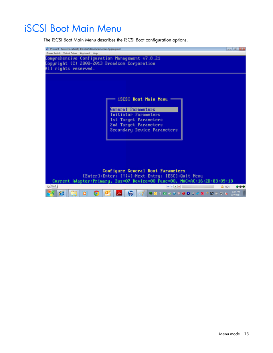 Iscsi boot main menu | HP Ethernet 10Gb 2-port 530T Adapter User Manual | Page 13 / 43