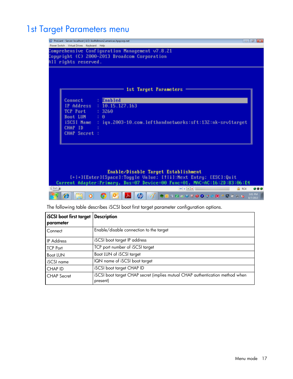 1st target parameters menu | HP Ethernet 10Gb 2-port 530T Adapter User Manual | Page 17 / 43