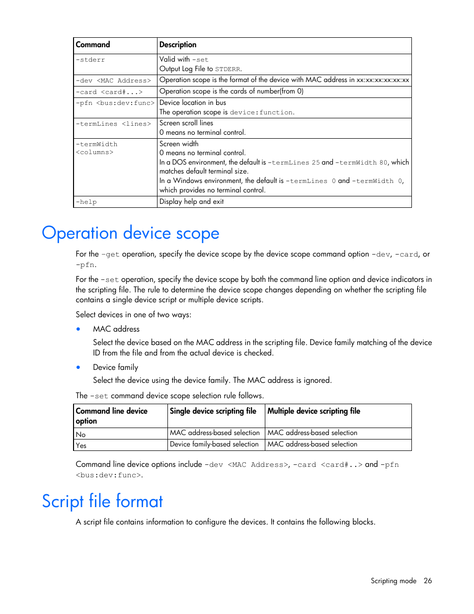 Operation device scope, Script file format | HP Ethernet 10Gb 2-port 530T Adapter User Manual | Page 26 / 43