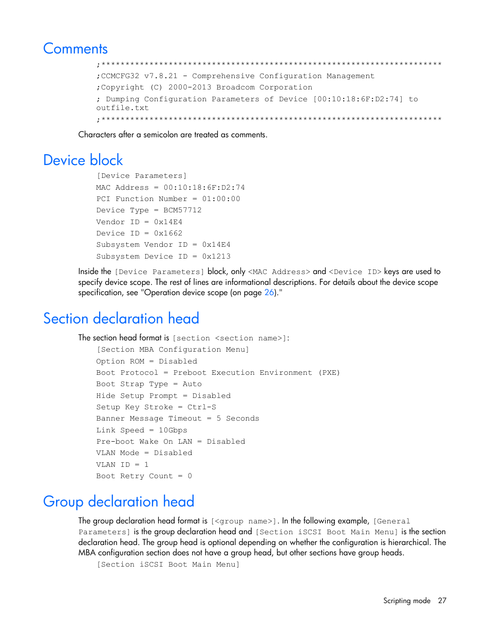 Comments, Device block, Section declaration head | Group declaration head | HP Ethernet 10Gb 2-port 530T Adapter User Manual | Page 27 / 43