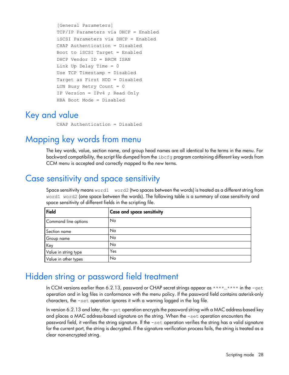 Key and value, Mapping key words from menu, Case sensitivity and space sensitivity | Hidden string or password field treatment | HP Ethernet 10Gb 2-port 530T Adapter User Manual | Page 28 / 43