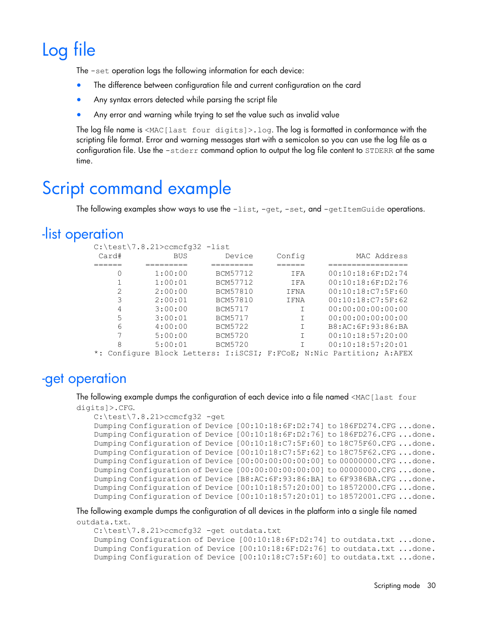 Log file, Script command example, List operation | Get operation | HP Ethernet 10Gb 2-port 530T Adapter User Manual | Page 30 / 43