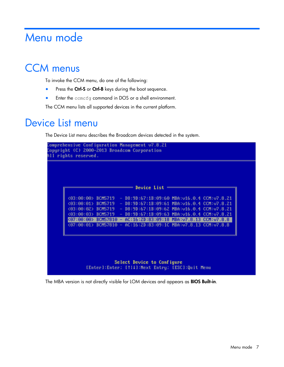 Menu mode, Ccm menus, Device list menu | HP Ethernet 10Gb 2-port 530T Adapter User Manual | Page 7 / 43