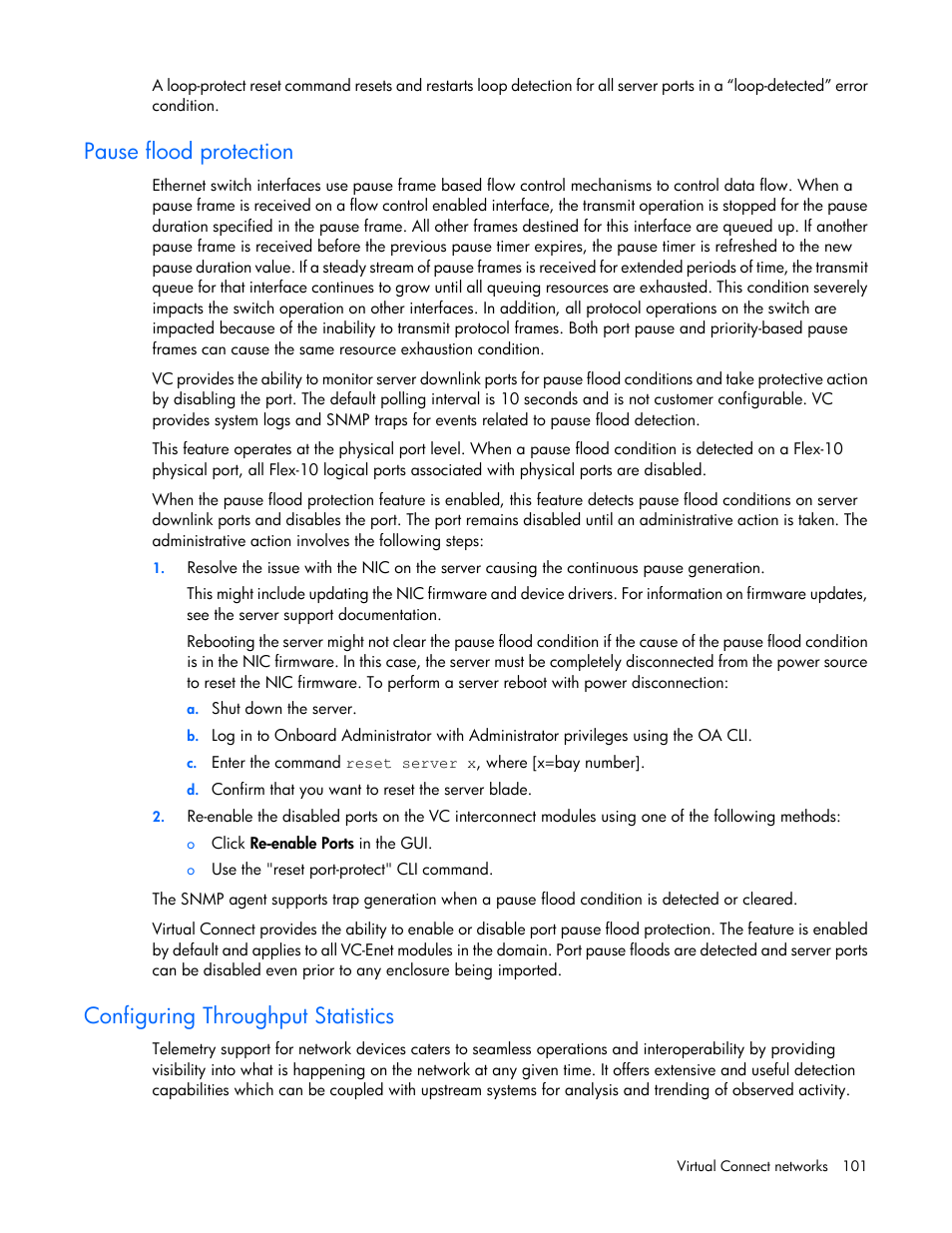 Pause flood protection, Configuring throughput statistics | HP Virtual Connect 8Gb 20-port Fibre Channel Module for c-Class BladeSystem User Manual | Page 101 / 317