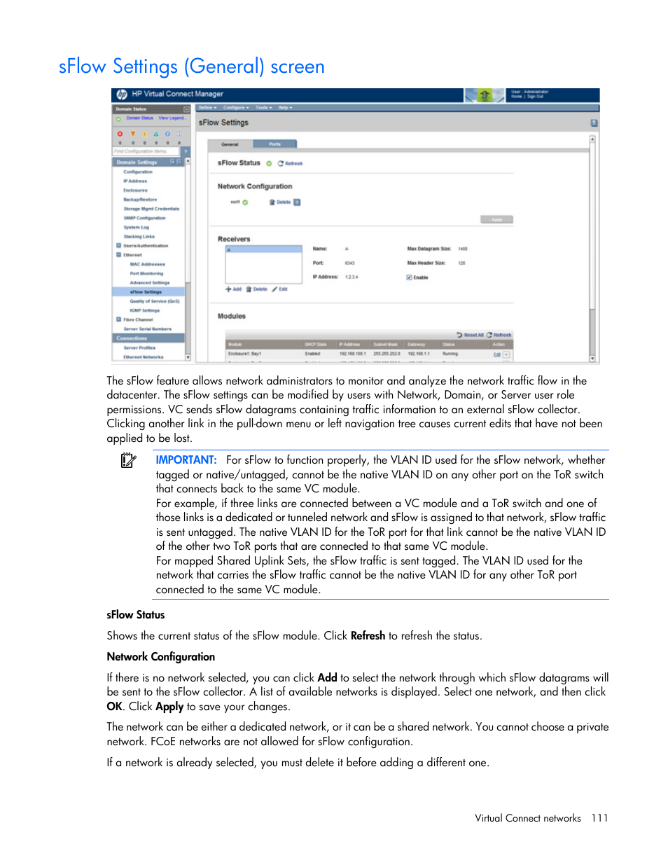 Sflow settings (general) screen | HP Virtual Connect 8Gb 20-port Fibre Channel Module for c-Class BladeSystem User Manual | Page 111 / 317