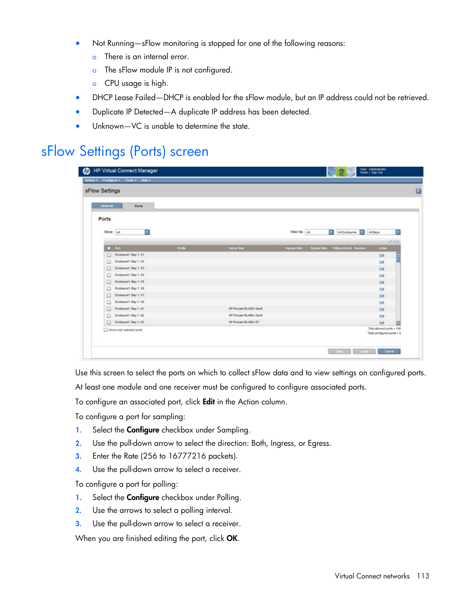 Sflow settings (ports) screen | HP Virtual Connect 8Gb 20-port Fibre Channel Module for c-Class BladeSystem User Manual | Page 113 / 317