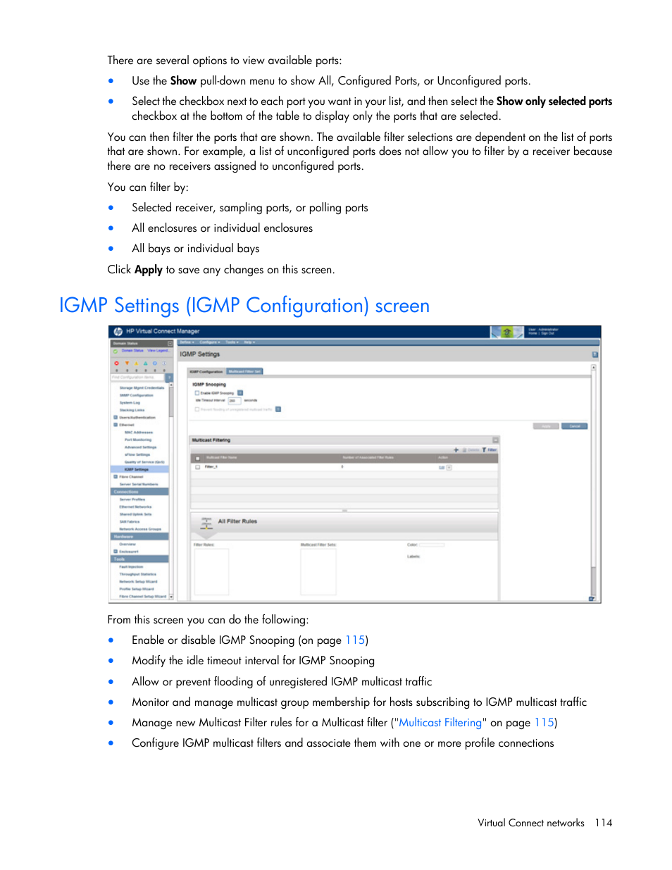 Igmp settings (igmp configuration) screen | HP Virtual Connect 8Gb 20-port Fibre Channel Module for c-Class BladeSystem User Manual | Page 114 / 317