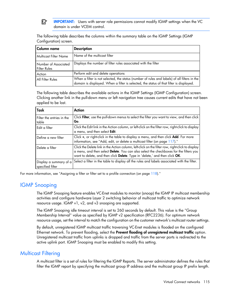 Igmp snooping, Multicast filtering | HP Virtual Connect 8Gb 20-port Fibre Channel Module for c-Class BladeSystem User Manual | Page 115 / 317