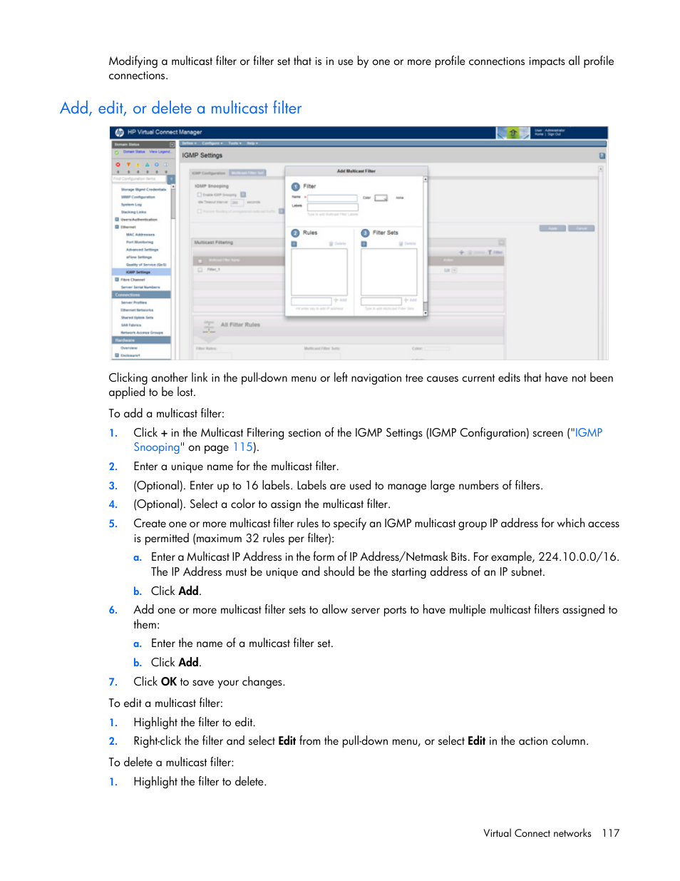 Add, edit, or delete a multicast filter | HP Virtual Connect 8Gb 20-port Fibre Channel Module for c-Class BladeSystem User Manual | Page 117 / 317