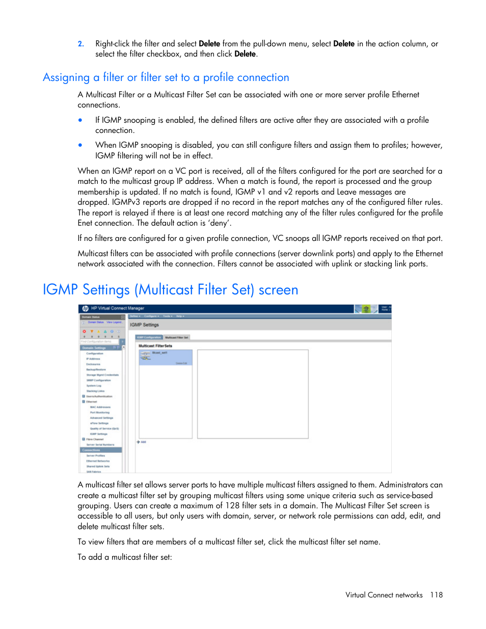 Igmp settings (multicast filter set) screen | HP Virtual Connect 8Gb 20-port Fibre Channel Module for c-Class BladeSystem User Manual | Page 118 / 317