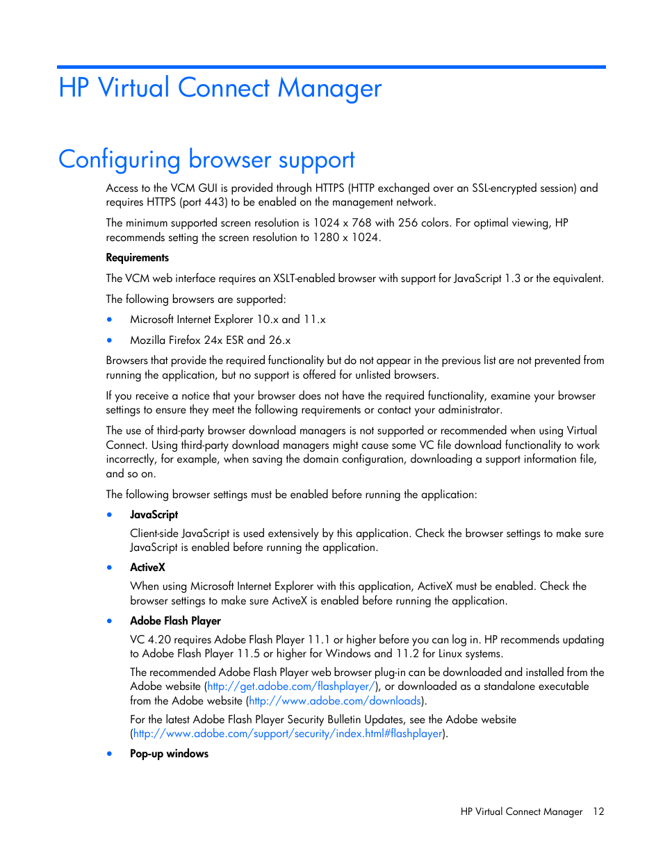 Hp virtual connect manager, Configuring browser support | HP Virtual Connect 8Gb 20-port Fibre Channel Module for c-Class BladeSystem User Manual | Page 12 / 317