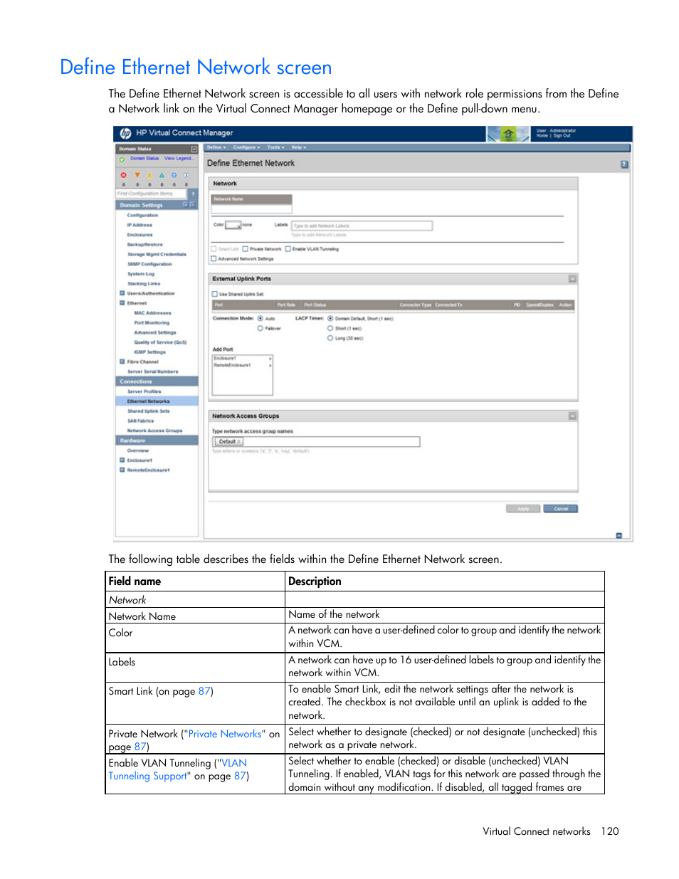 Define ethernet network screen | HP Virtual Connect 8Gb 20-port Fibre Channel Module for c-Class BladeSystem User Manual | Page 120 / 317