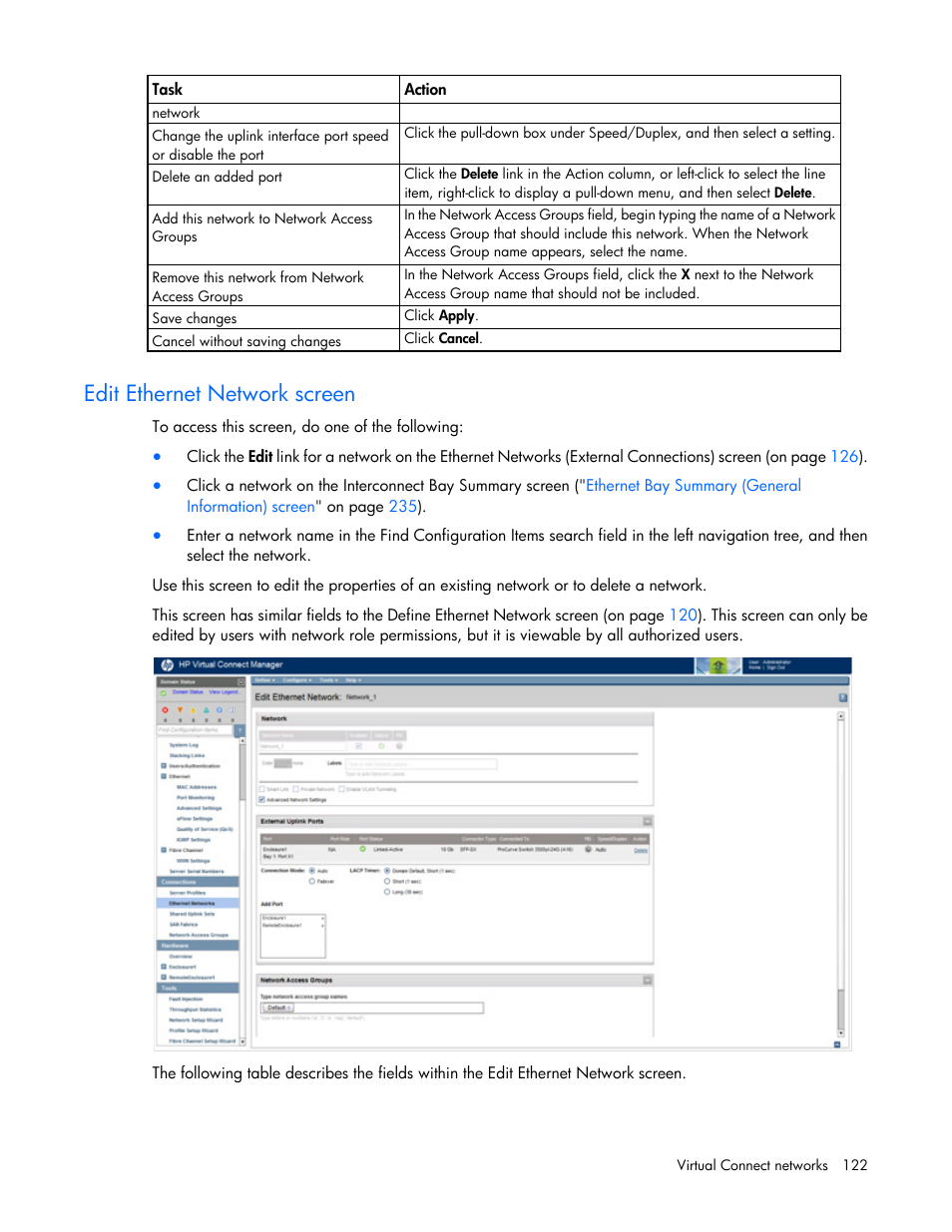 Edit ethernet network screen | HP Virtual Connect 8Gb 20-port Fibre Channel Module for c-Class BladeSystem User Manual | Page 122 / 317